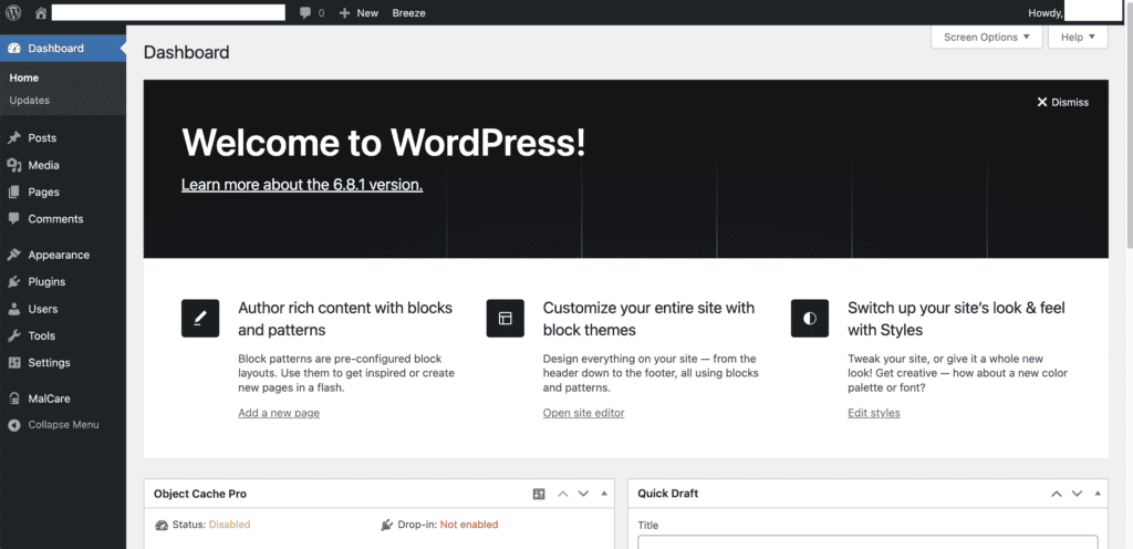 WordPress dashboard
